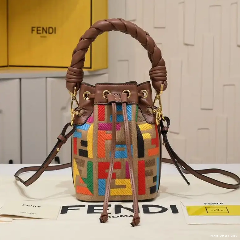 Brown In with Fendi Handle Canvas Tresor FF Mini Bucket Woven Bag Mon Motif 0506